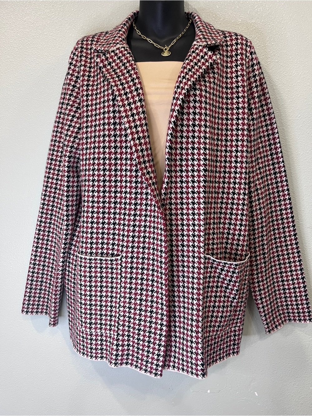 Sincerely Jules Women’s L Houndstooth Knit Blazer Burgundy Black Open Front